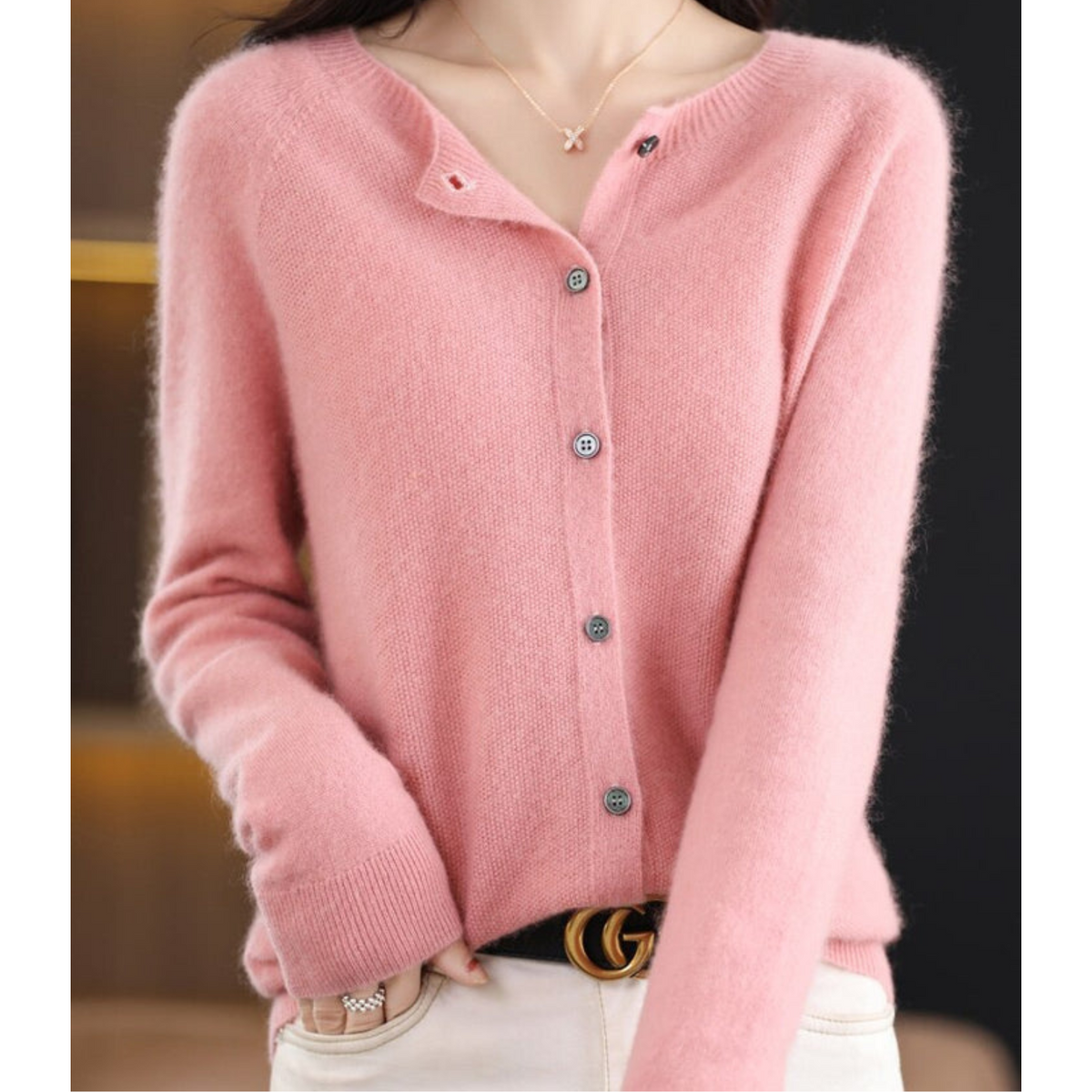 Women's Round-Neck Cardigan with Long Sleeves and Buttons