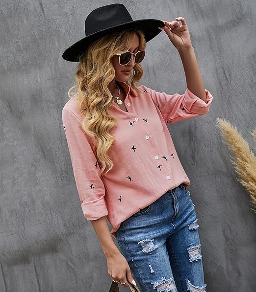 Women's Casual Blouse in Plain Colours and Bird Print
