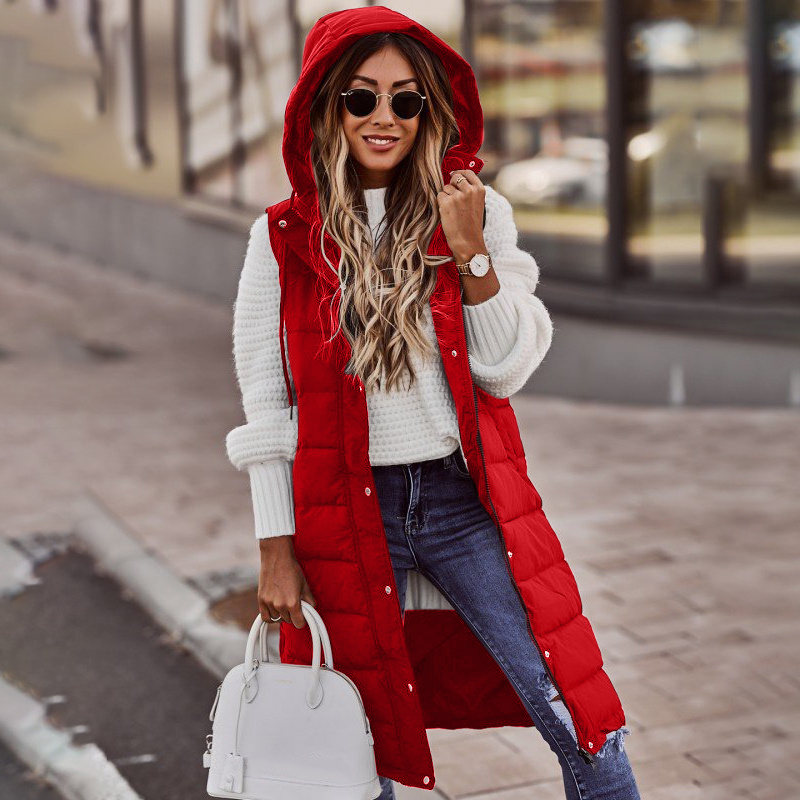 Women's Long Quilted Gilet with Hood and Pockets