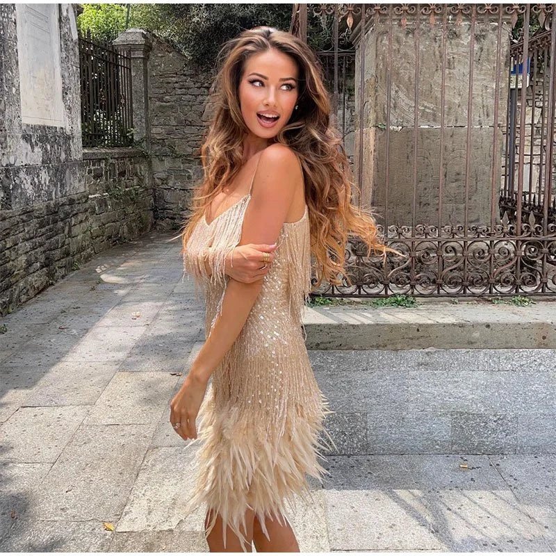 Women's Sequin Cocktail Dress with Feather Hem and Spaghetti Straps