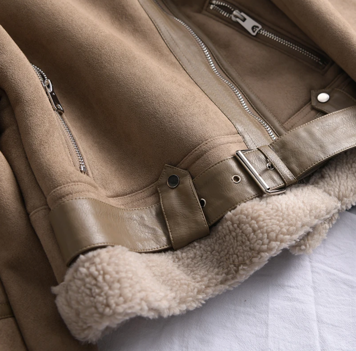 Women's Suede-Look Biker Jacket with Sherpa Fleece Lining
