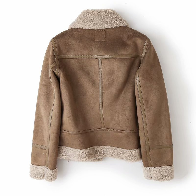 Women's Suede-Look Biker Jacket with Sherpa Fleece Lining