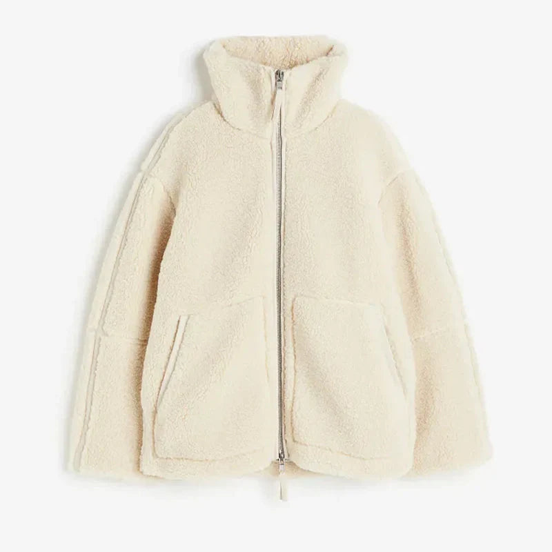Women's Oversized Fleece Jacket with Stand Collar and Zip