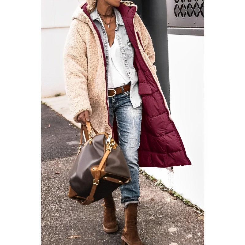 Women's Long Reversible Winter Coat with Hood and Teddy Lining
