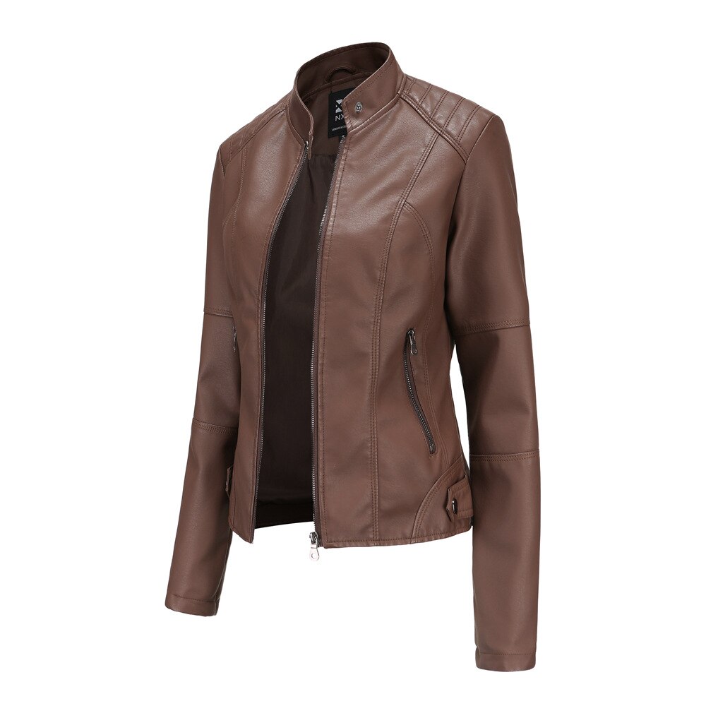Women's Faux Leather Jacket with Mandarin Collar and Lining