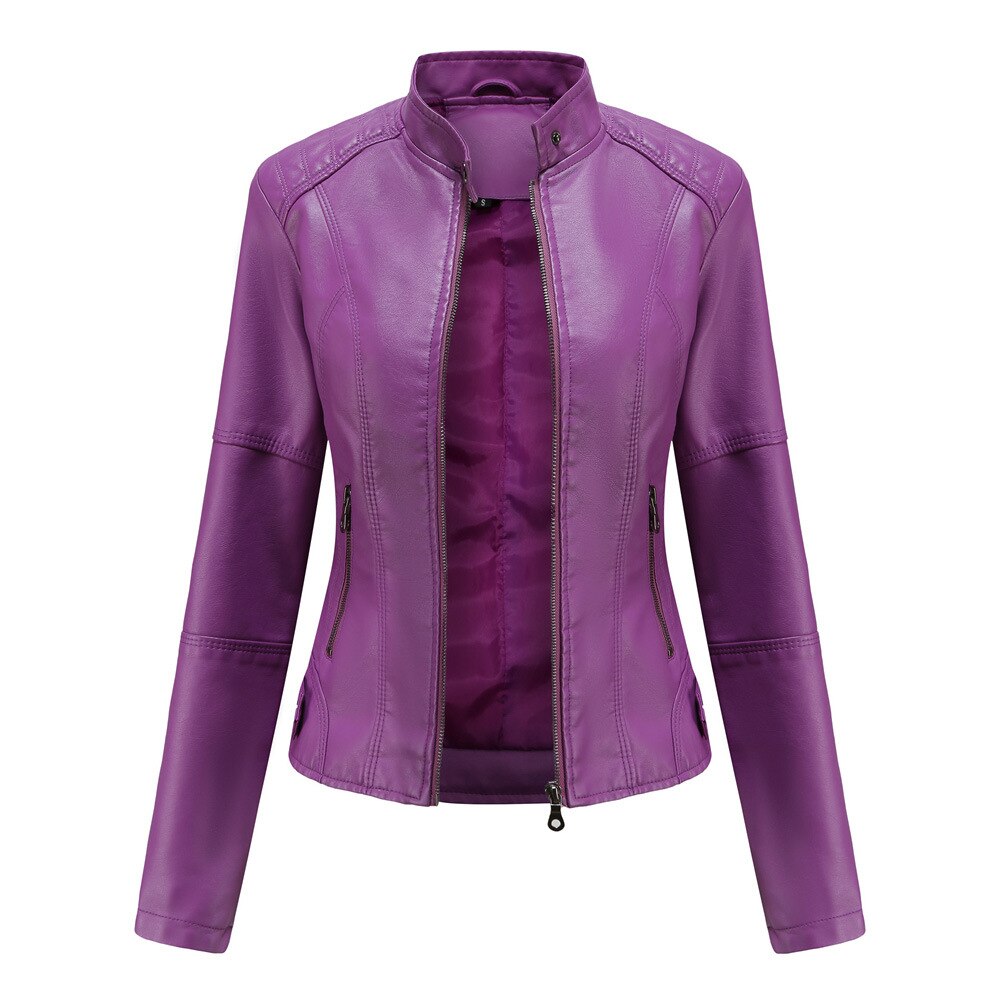 Women's Faux Leather Jacket with Mandarin Collar and Lining