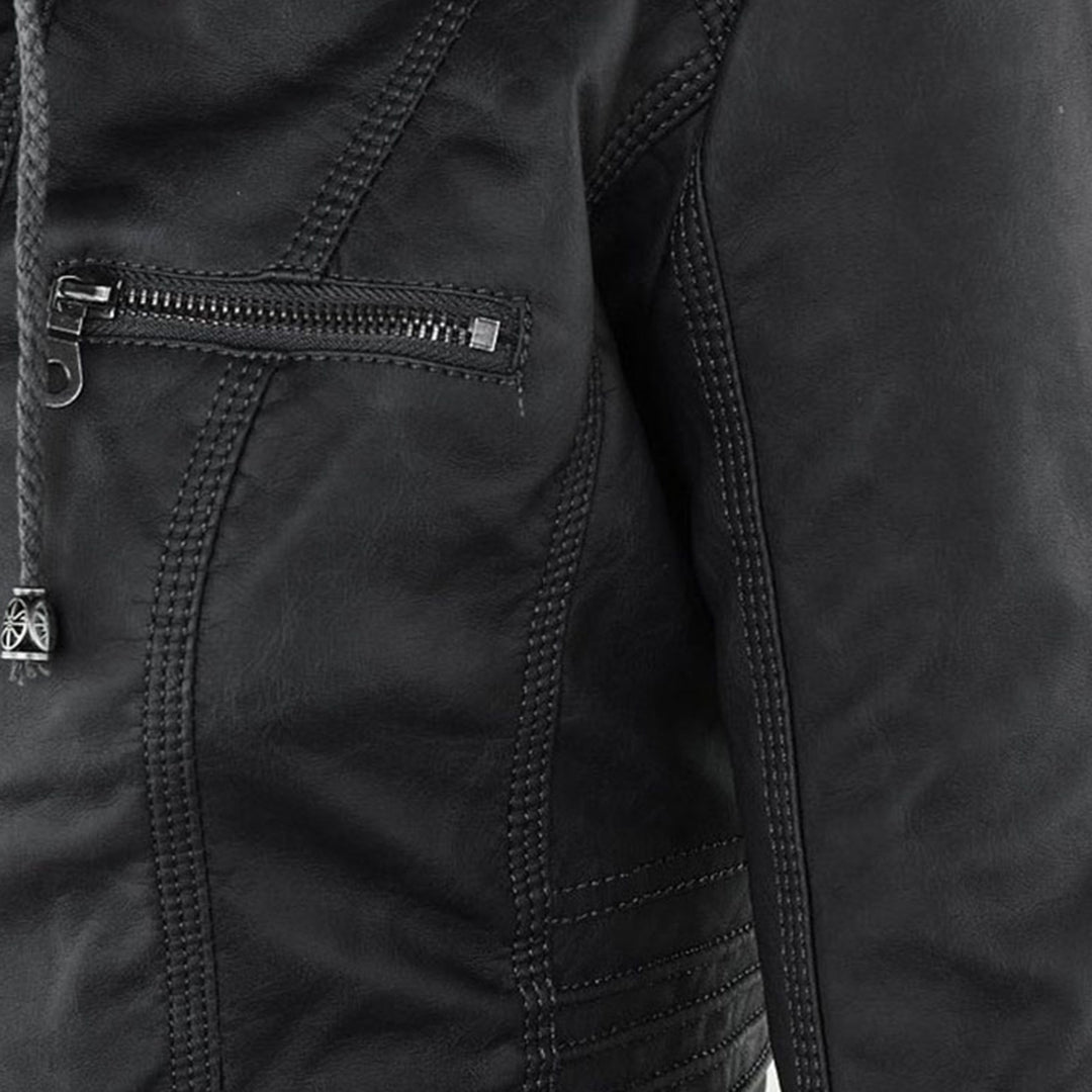 Women's Faux Leather Jacket with Drawstring Hood and Zip