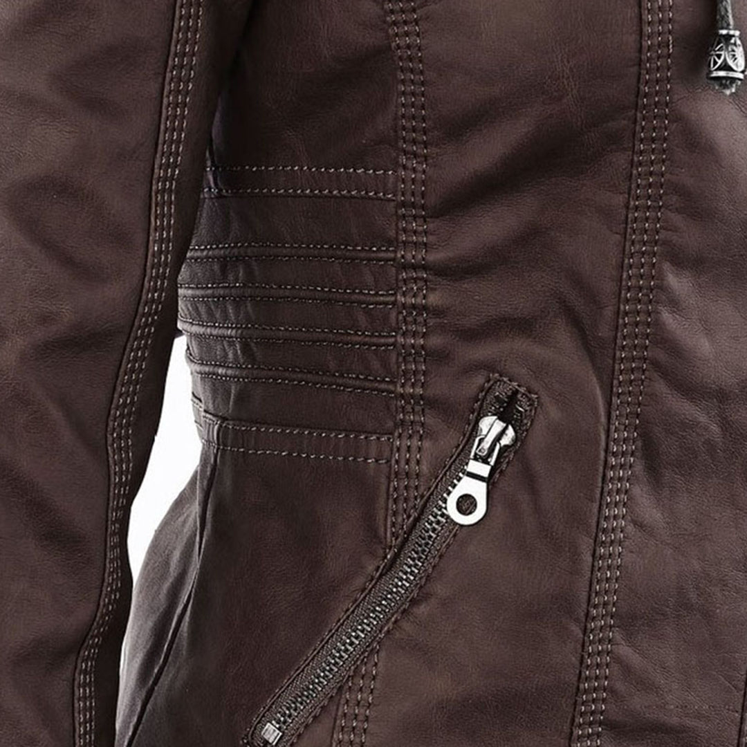 Women's Faux Leather Jacket with Drawstring Hood and Zip