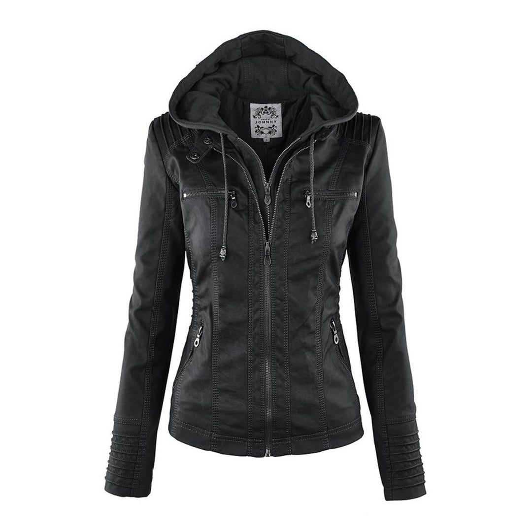 Women's Faux Leather Jacket with Drawstring Hood and Zip