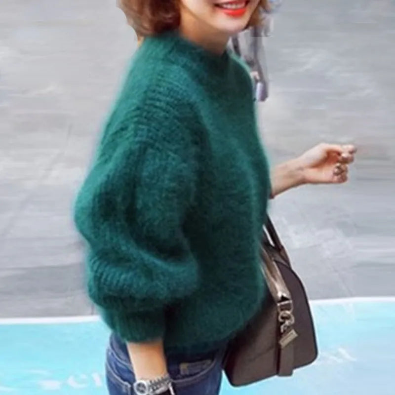 Women's Loose Knit Jumper in Solid Colour with Vintage Look