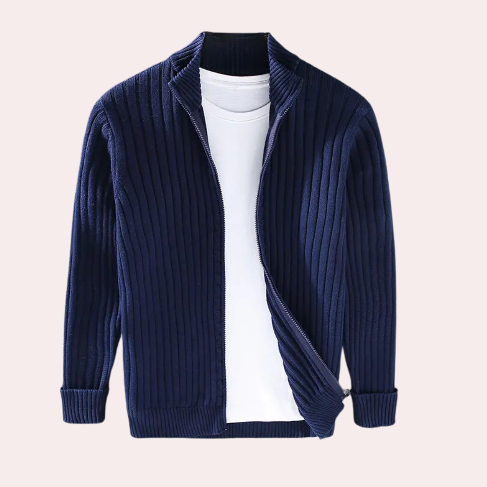 Men's Knitted Zip-Up Cardigan with Ribbed Details for Smart Casual