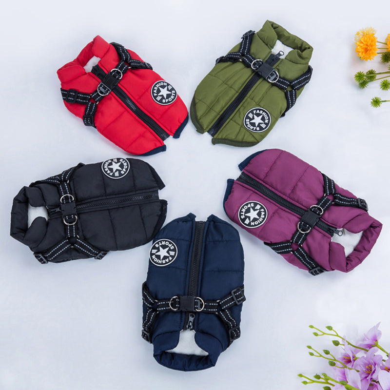 Waterproof Dog Jacket with Built-In Harness and Reflective Strip