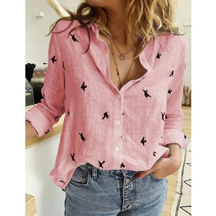 Women's Casual Blouse in Plain Colours and Bird Print