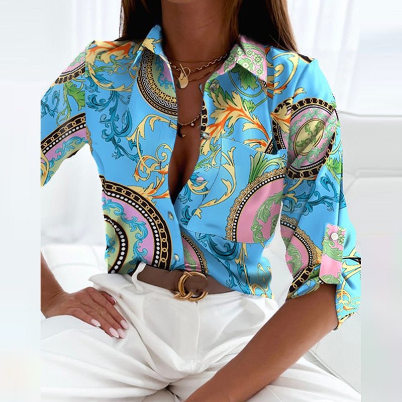 Women's Printed Blouse with Turn-Down Collar and Buttons
