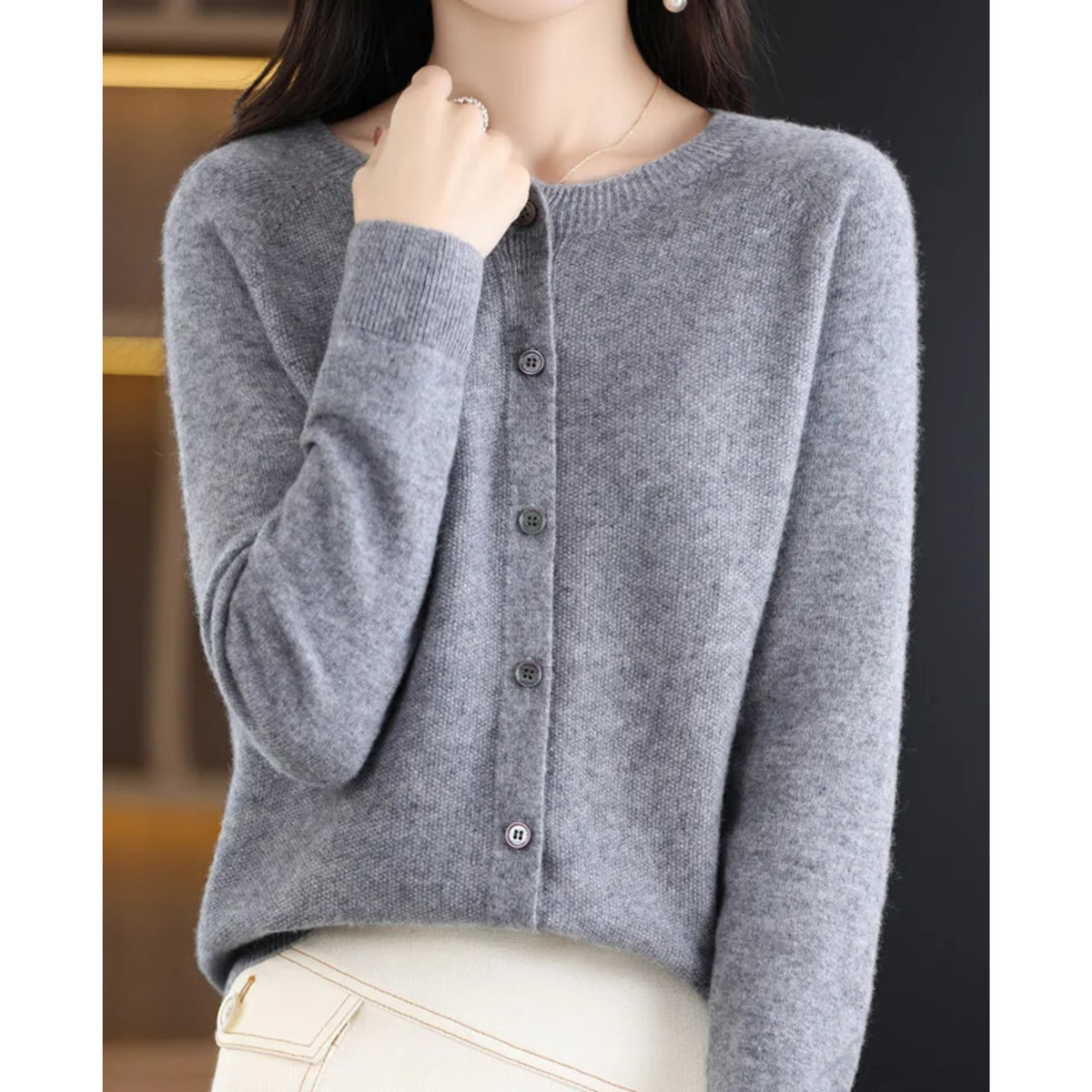 Women's Round-Neck Cardigan with Long Sleeves and Buttons