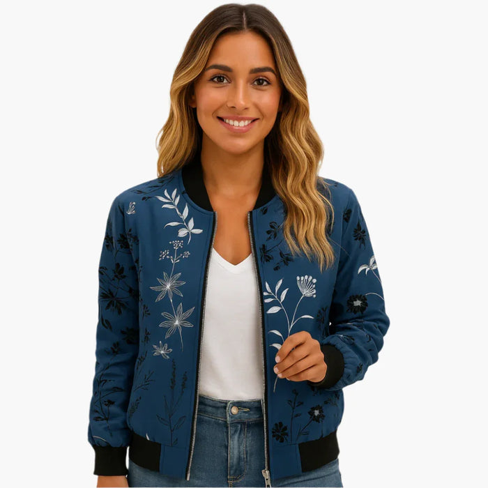 Blouson bomber pour femme avec fermeture éclair sur le devant et surface imprimée