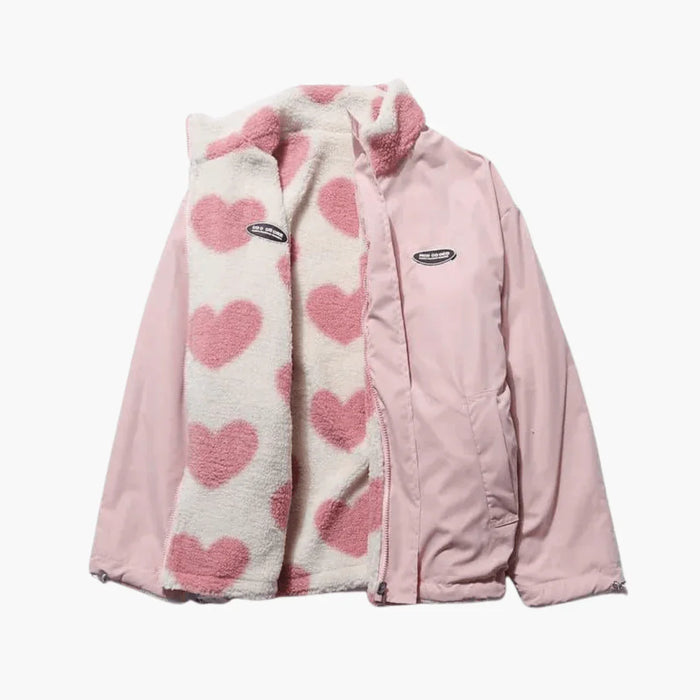 Reversible Women's Coat with Heart Pattern and Cozy Fleece