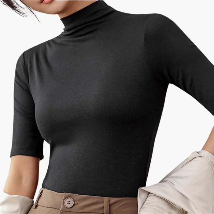 Camisola de gola alta de mulher, com mangas a meio do braço e design sem costuras