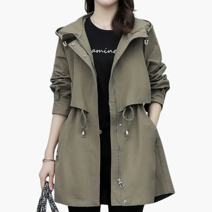 Womens Trench Coat with Hood and Adjustable Waist