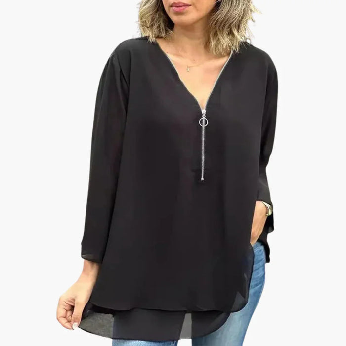 Camisa de manga larga con media cremallera - Top casual de cuello en V para mujer