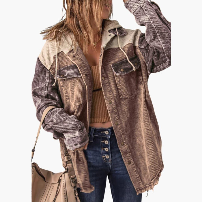Damen-Cordjacke mit Kapuze und Druckknöpfen