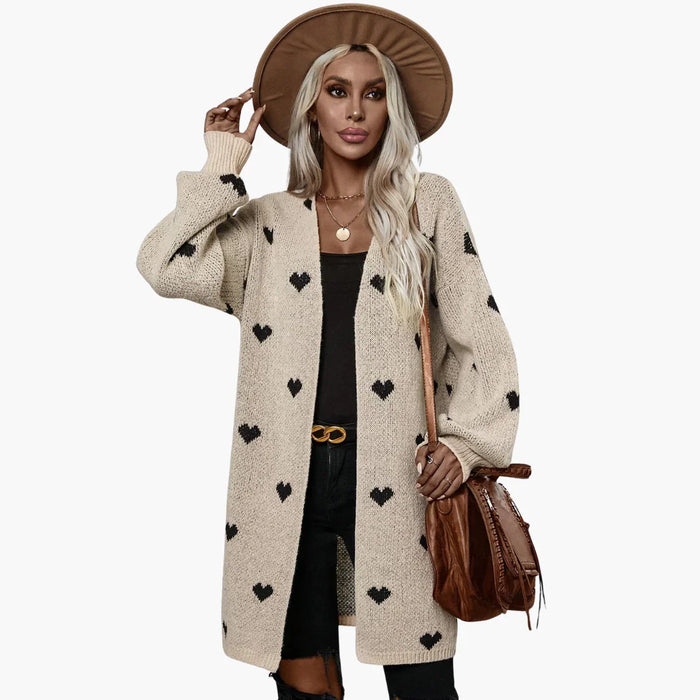 Women's Open Front Cardigan with Heart Pattern