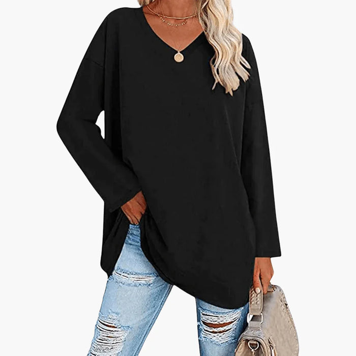 Ladies Oversized V-Neck Long Sleeve Shirt  Comfortable & Casual