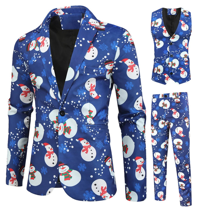Completo da uomo a 3 pezzi con stampa di pupazzo di neve, blazer, gilet e pantaloni