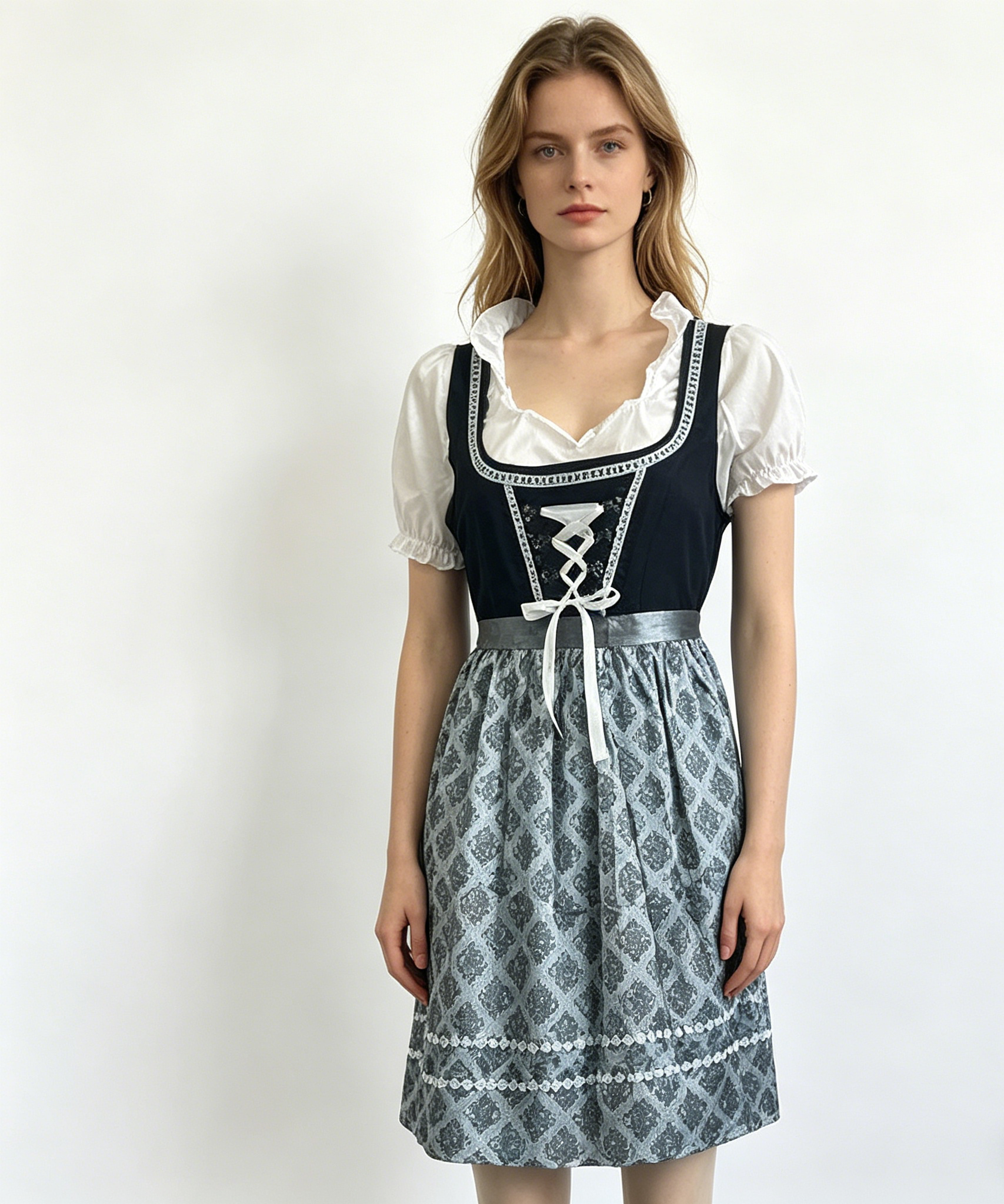 Women's Dirndl Dress Set with Apron, Blouse and Laced Bodice