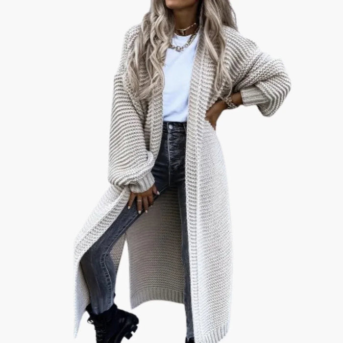 Cardigan long pour femme à ouverture frontale et poignets côtelés