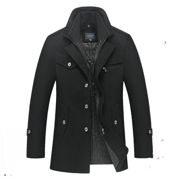 Cappotto lungo da uomo in lana trapuntata con collo alla coreana e chiusura frontale con cerniera