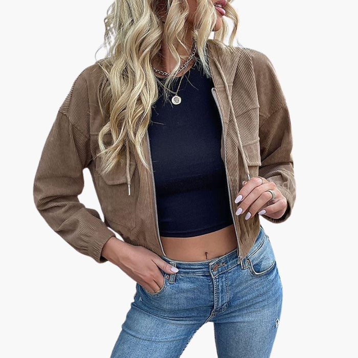 Veste en velours côtelé pour femme avec fermeture éclair et poches