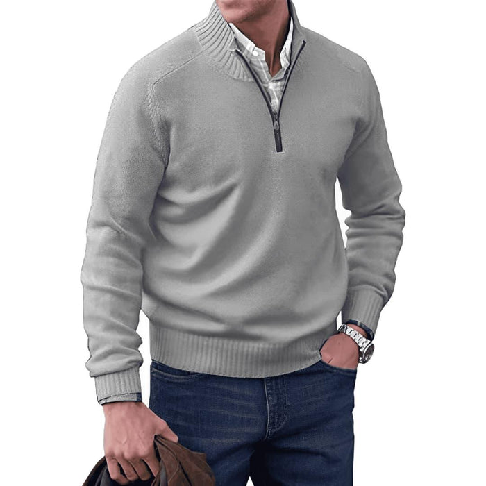 Men's pullover with zip neck and ribbed hem