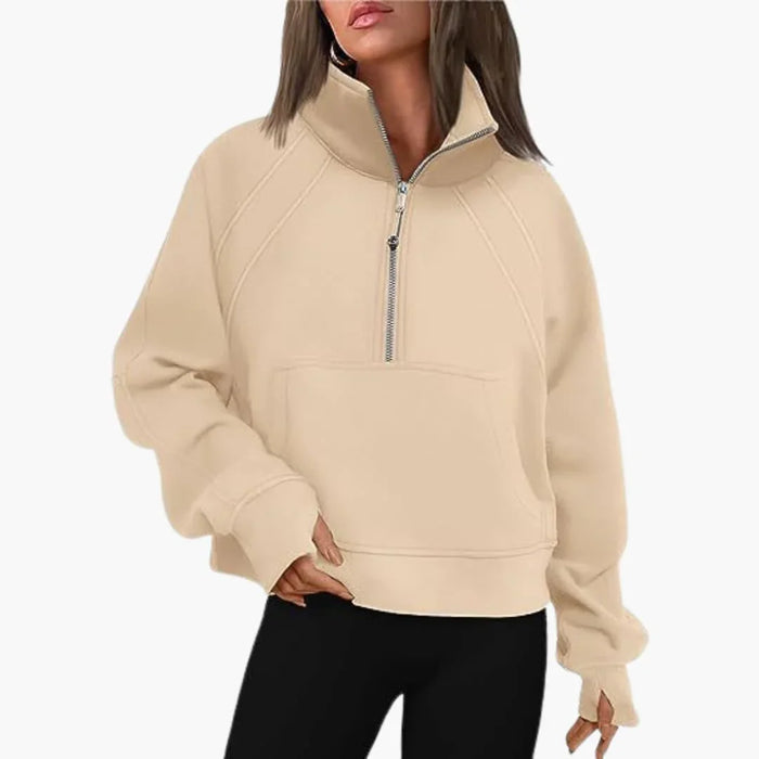 Maglione da donna con zip frontale, collo alto e tasca a marsupio