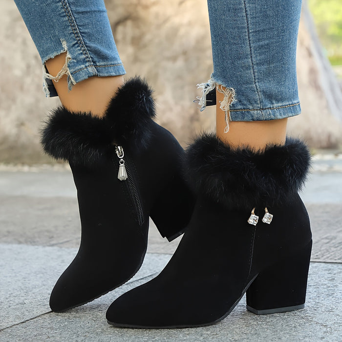 Women's Faux-Fur Trim Ankle Boots with Block Heel