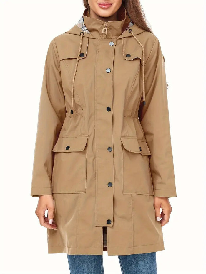 Gabardina con capucha para mujer, con cierre frontal de botones y bolsillos
