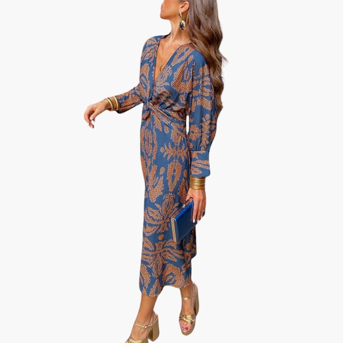 Midi Dress for Women - Floral Pattern, Long Sleeve & V-Neck