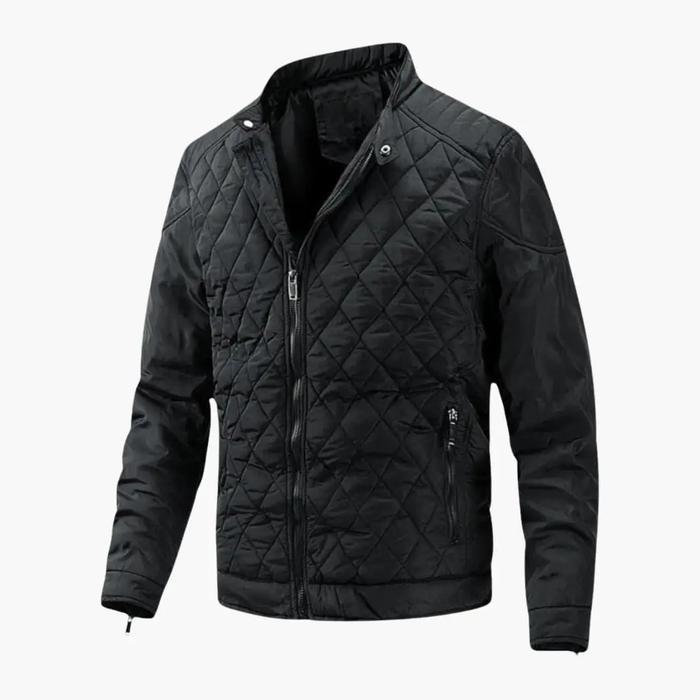 Men's Quilted Bomber Jacket with Stand Collar and Zip Front