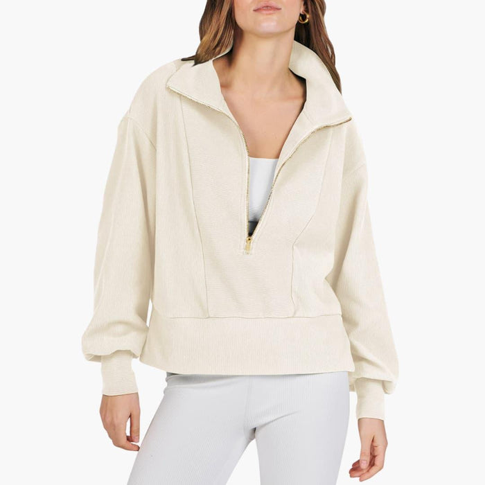Women's Zip-Front Sweater with High Collar and Ribbed Surface