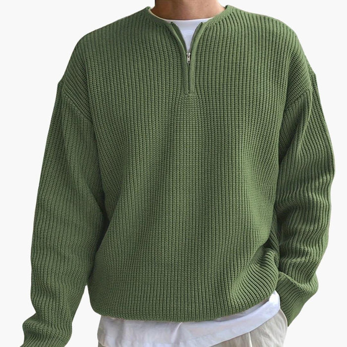 Men's Knitted Sweater with Stripes, Half Zip, and Long Sleeves