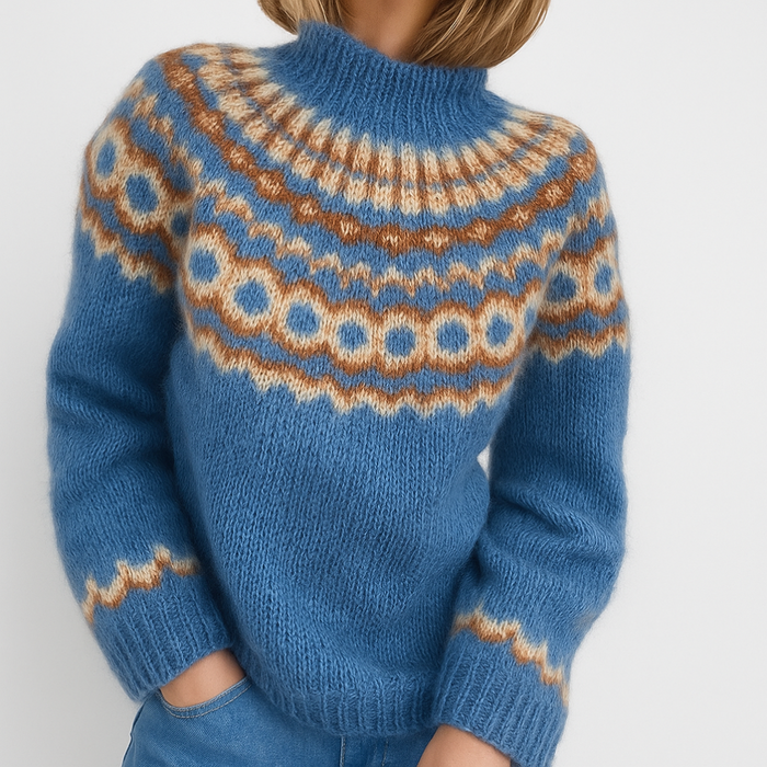 Turtleneckgenser for kvinner med Fair Isle-mønster og rund bærestykke