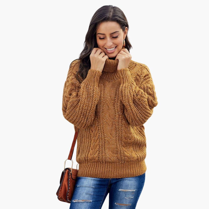 Women's Pullover with Turtleneck and Cable Knit Pattern