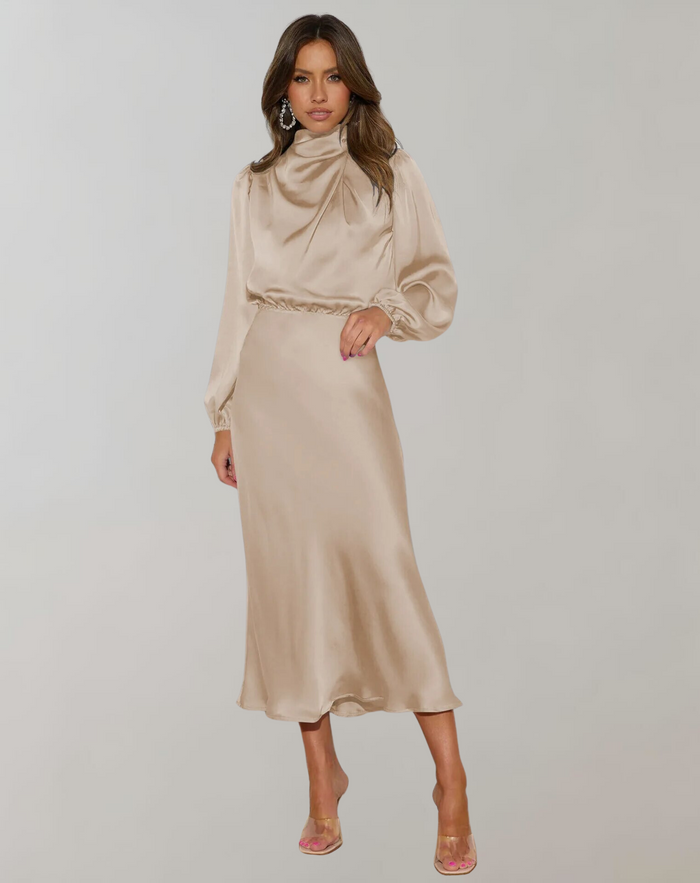 Damen-Midikleid mit hochgeschlossenem Ausschnitt und langen Ballonärmeln