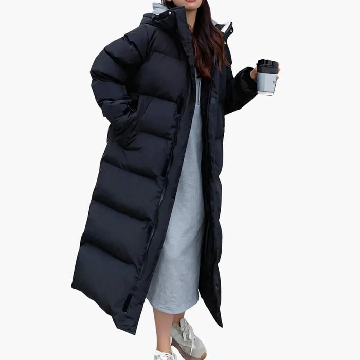 Cappotto lungo da donna in piumino con cappuccio e chiusura nascosta