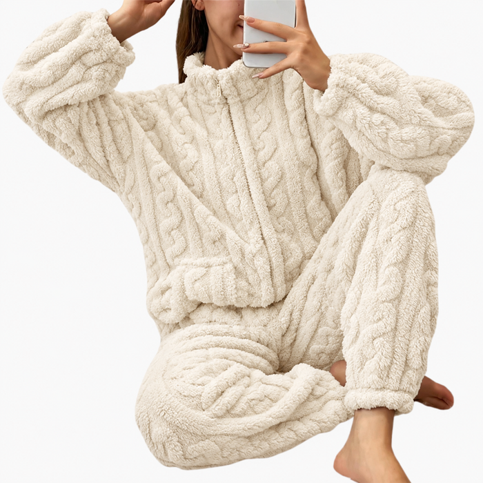 Women's Fleece Pajama Set with Zipper Top and Long Pants