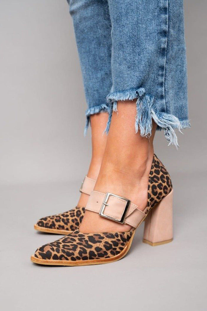Damen-Schuhe mit Leopardenmuster, Blockabsatz und breitem Schnallenriemen