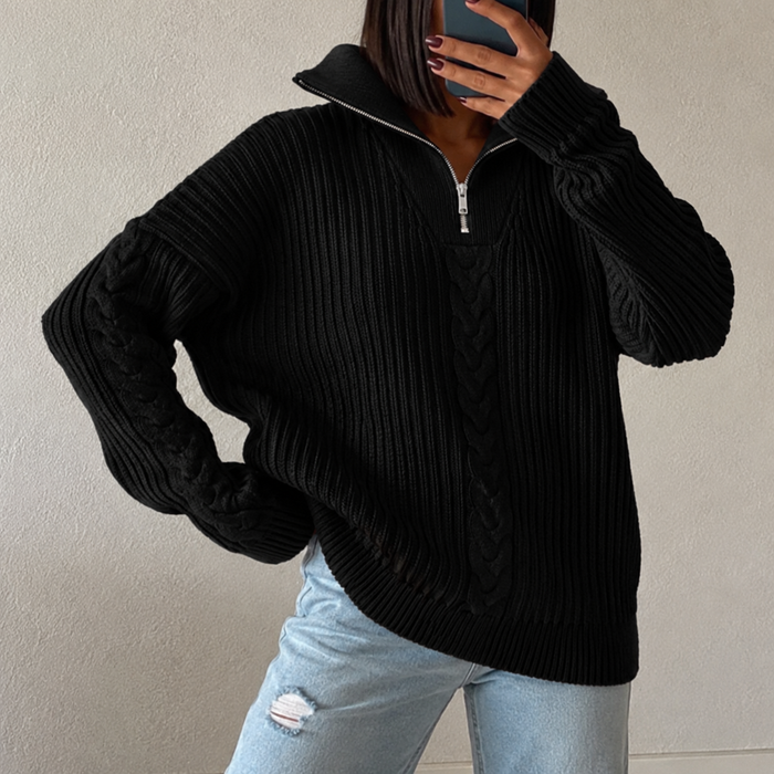 Women's Cable-Knit Zip-Neck Jumper with Roll Collar