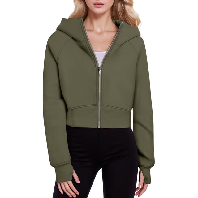 Women's Cropped Hoodie with Zipper and Elastic Hem