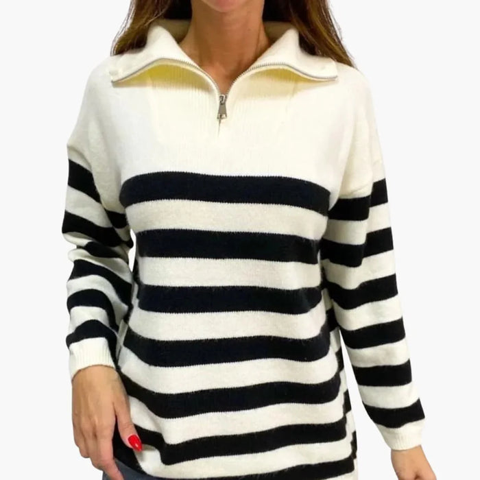 Maglione a righe con zip per donna e collo alto
