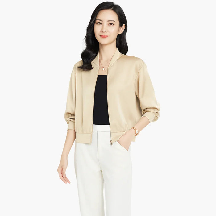 Women's Satin Bomber Jacket with Front Zipper